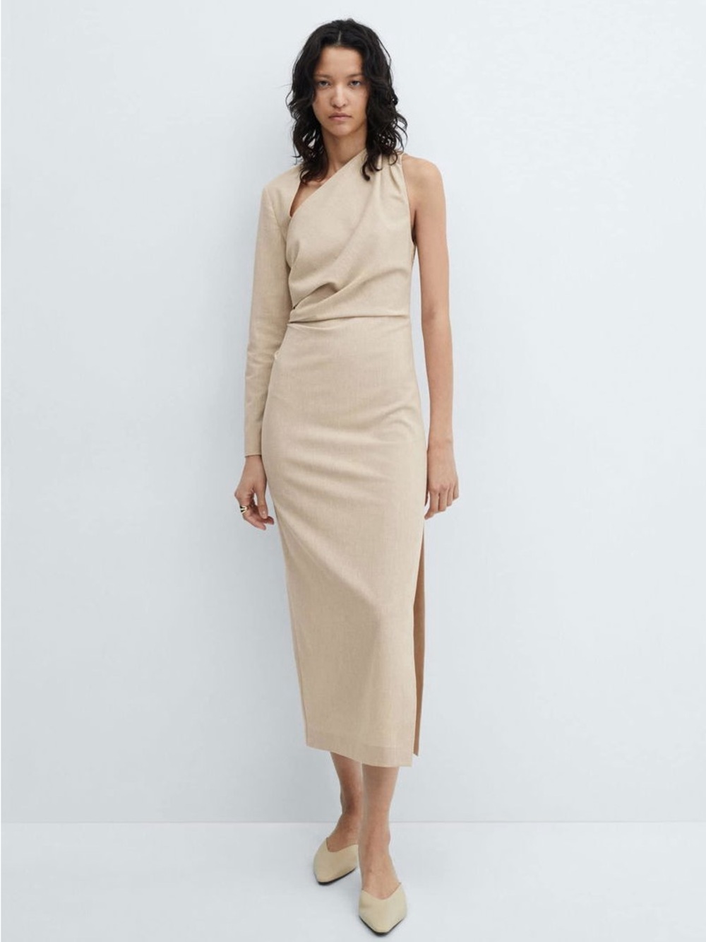 Mango Asymmetric One-Sleeve Midi Dress Beige Size XS